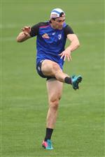 MELBOURNE, AUSTRALIA - JANUARY 06: Easton Wood of the Bulldogs kicks the ball during a Western Bulldogs AFL training session at Whitten Oval on January 06, 2021 in Melbourne, Australia. (Photo by Mike Owen/Getty Images)