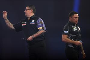 LONDON, ENGLAND - JANUARY 03: Gary Anderson of Scotland in action during the Finals against Gerwyn Price of Wales during Day Sixteen of The PDC William Hill World Darts Championship at Alexandra Palace on January 03, 2021 in London, England. (Photo by Luke Walker/Getty Images)