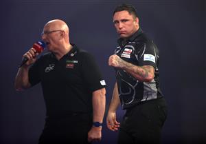 LONDON, ENGLAND - JANUARY 03: Gerwyn Price of Wales reacts during the Finals against Gary Anderson of Scotland during Day Sixteen of The PDC William Hill World Darts Championship at Alexandra Palace on January 03, 2021 in London, England. (Photo by Luke Walker/Getty Images)