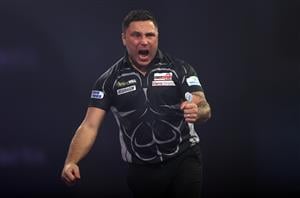 LONDON, ENGLAND - JANUARY 03: Gerwyn Price of Wales reacts during the Finals against Gary Anderson of Scotland during Day Sixteen of The PDC William Hill World Darts Championship at Alexandra Palace on January 03, 2021 in London, England. (Photo by Luke Walker/Getty Images)