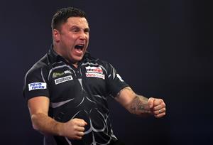 LONDON, ENGLAND - JANUARY 03: Gerwyn Price of Wales reacts during the Finals against Gary Anderson of Scotland during Day Sixteen of The PDC William Hill World Darts Championship at Alexandra Palace on January 03, 2021 in London, England. (Photo by Luke Walker/Getty Images)