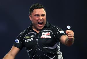 LONDON, ENGLAND - JANUARY 03: Gerwyn Price of Wales reacts during the Finals against Gary Anderson of Scotlandduring Day Sixteen of The PDC William Hill World Darts Championship at Alexandra Palace on January 03, 2021 in London, England. (Photo by Luke Walker/Getty Images)