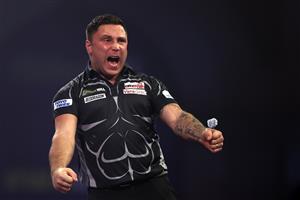 LONDON, ENGLAND - JANUARY 03: Gerwyn Price of Wales reacts during the Finals against Gary Anderson of Scotland during Day Sixteen of The PDC William Hill World Darts Championship at Alexandra Palace on January 03, 2021 in London, England. (Photo by Luke Walker/Getty Images)