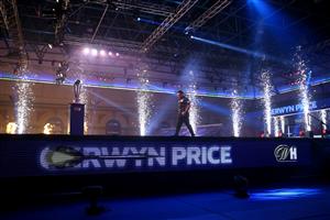 LONDON, ENGLAND - JANUARY 03: Gerwyn Price of Wales walks into the arena during the Finals against Gary Anderson of Scotland during Day Sixteen of The PDC William Hill World Darts Championship at Alexandra Palace on January 03, 2021 in London, England. (Photo by Luke Walker/Getty Images)