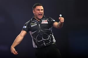 LONDON, ENGLAND - JANUARY 03: Gerwyn Price of Wales reacts during the Finals against Gary Anderson of Scotlandduring Day Sixteen of The PDC William Hill World Darts Championship at Alexandra Palace on January 03, 2021 in London, England. (Photo by Luke Walker/Getty Images)