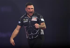 LONDON, ENGLAND - JANUARY 03: Gerwyn Price of Wales reacts during the Finals against Gary Anderson of Scotland during Day Sixteen of The PDC William Hill World Darts Championship at Alexandra Palace on January 03, 2021 in London, England. (Photo by Luke Walker/Getty Images)
