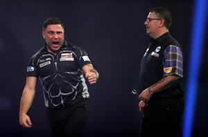 LONDON, ENGLAND - JANUARY 03: Gerwyn Price of Wales reacts during the Finals against Gary Anderson of Scotland during Day Sixteen of The PDC William Hill World Darts Championship at Alexandra Palace on January 03, 2021 in London, England. (Photo by Luke Walker/Getty Images)