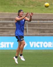 MELBOURNE, AUSTRALIA - JANUARY 06: Josh Dunkley of the Bulldogs marks the ball during a Western Bulldogs AFL training session at Whitten Oval on January 06, 2021 in Melbourne, Australia. (Photo by Mike Owen/Getty Images)