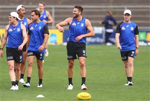 MELBOURNE, AUSTRALIA - JANUARY 06: Marcus Bontempelli (c) of the Bulldogs reacts during a Western Bulldogs AFL training session at Whitten Oval on January 06, 2021 in Melbourne, Australia. (Photo by Mike Owen/Getty Images)