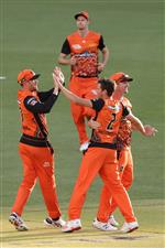 PERTH, AUSTRALIA - JANUARY 06: Jhye Richardson of the Scorchers celebrates the wicket of James Vince of the Sixers during the Big Bash League match between the Perth Scorchers and the Sydney Sixers at Optus Stadium, on January 06, 2021, in Perth, Australia. (Photo by Paul Kane/Getty Images)