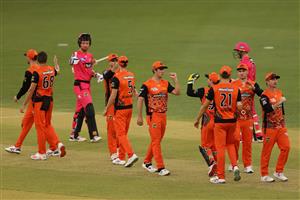 PERTH, AUSTRALIA - JANUARY 06: The Scorchers celebrate winning the Big Bash League match between the Perth Scorchers and the Sydney Sixers at Optus Stadium, on January 06, 2021, in Perth, Australia. (Photo by Paul Kane/Getty Images)