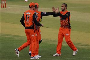 PERTH, AUSTRALIA - JANUARY 06: Fawad Ahmed of the Scorchers celebrates the wicket of Jack Edwards of the Sixers during the Big Bash League match between the Perth Scorchers and the Sydney Sixers at Optus Stadium, on January 06, 2021, in Perth, Australia. (Photo by Paul Kane/Getty Images)