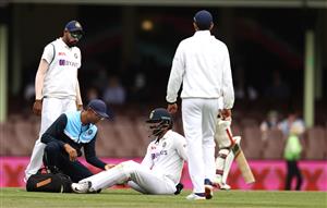SYDNEY, AUSTRALIA - JANUARY 08: Hanuma Vihari of India reacts after Matthew Wade of Australia hit the ball into him during day two of the 3rd Test match in the series between Australia and India at Sydney Cricket Ground on January 08, 2021 in Sydney, Australia. (Photo by Ryan Pierse/Getty Images)