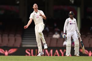 SYDNEY, AUSTRALIA - JANUARY 08: Josh Hazlewood of Australia takes a catch to dismiss Rohit Sharma of India off his own bowling during day two of the 3rd Test match in the series between Australia and India at Sydney Cricket Ground on January 08, 2021 in Sydney, Australia. (Photo by Ryan Pierse/Getty Images)