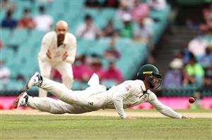 SYDNEY, AUSTRALIA - JANUARY 08: Matthew Wade of Australia attempts to catch Ajinkya Rahane of India during day two of the Third Test match in the series between Australia and India at Sydney Cricket Ground on January 08, 2021 in Sydney, Australia. (Photo by Cameron Spencer/Getty Images)