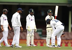 SYDNEY, AUSTRALIA - JANUARY 08: Hanuma Vihari of India reacts after Matthew Wade of Australia hit the ball into him during day two of the 3rd Test match in the series between Australia and India at Sydney Cricket Ground on January 08, 2021 in Sydney, Australia. (Photo by Ryan Pierse/Getty Images)