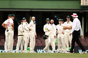 SYDNEY, AUSTRALIA - JANUARY 08: Nathan Lyon of Australia reacts after a DRS referral against Ajinkya Rahane of India was turned down during day two of the 3rd Test match in the series between Australia and India at Sydney Cricket Ground on January 08, 2021 in Sydney, Australia. (Photo by Ryan Pierse/Getty Images)