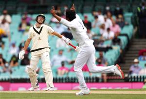 SYDNEY, AUSTRALIA - JANUARY 08: Marnus Labuschagne of Australia is dismissed by Ravindra Jadeja of India during day two of the Third Test match in the series between Australia and India at Sydney Cricket Ground on January 08, 2021 in Sydney, Australia. (Photo by Cameron Spencer/Getty Images)
