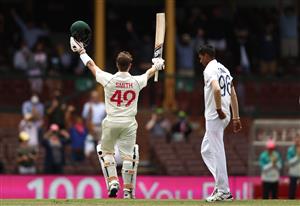 SYDNEY, AUSTRALIA - JANUARY 08: Steve Smith of Australia celebrates after reaching his century during day two of the 3rd Test match in the series between Australia and India at Sydney Cricket Ground on January 08, 2021 in Sydney, Australia. (Photo by Ryan Pierse/Getty Images)
