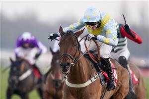 SUNBURY, ENGLAND - JANUARY 09: Harry Bannister riding Millers Bank clear the last to win The Play Ladbrokes 5-A-Side On Football Handicap Hurdle at Kempton Park Racecourse on January 09, 2021 in Sunbury, England. Due to the Coronavirus pandemic, owners along with the paying public will not be allowed to attend the meeting. (Photo by Alan Crowhurst/Getty Images)