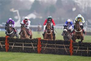 SUNBURY, ENGLAND - JANUARY 09: Harry Bannister riding Millers Bank clear the last to win The Play Ladbrokes 5-A-Side On Football Handicap Hurdle at Kempton Park Racecourse on January 09, 2021 in Sunbury, England. Due to the Coronavirus pandemic, owners along with the paying public will not be allowed to attend the meeting. (Photo by Alan Crowhurst/Getty Images)