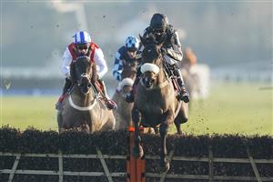 SUNBURY, ENGLAND - JANUARY 09: Harry Cobden riding McFabulous clear the last to win The Dornan Engineering Relkeel Hurdle at Kempton Park Racecourse on January 09, 2021 in Sunbury, England. Due to the Coronavirus pandemic, owners along with the paying public will not be allowed to attend the meeting. (Photo by Alan Crowhurst/Getty Images)