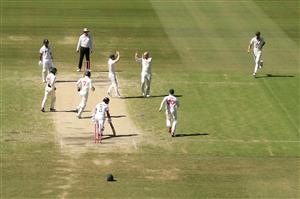 SYDNEY, AUSTRALIA - JANUARY 11: Nathan Lyon of Australia celebrates taking the wicket of Ajinkya Rahane of India during day five of the Third Test match in the series between Australia and India at Sydney Cricket Ground on January 11, 2021 in Sydney, Australia. (Photo by Mark Kolbe/Getty Images)