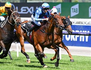 MELBOURNE, AUSTRALIA - JANUARY 09: Campbell Rawiller riding Saccharo wins Race 4, the Grinders Coffee Trophy, during Melbourne Racing at Flemington Racecourse on January 09, 2021 in Melbourne, Australia. (Photo by Vince Caligiuri/Getty Images)