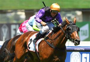 MELBOURNE, AUSTRALIA - JANUARY 09: Damien Oliver riding Milton Park wins Race 2, the The Mumm Royale, during Melbourne Racing at Flemington Racecourse on January 09, 2021 in Melbourne, Australia. (Photo by Vince Caligiuri/Getty Images)