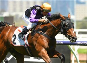 MELBOURNE, AUSTRALIA - JANUARY 09: Damien Oliver riding Milton Park wins Race 2, the The Mumm Royale, during Melbourne Racing at Flemington Racecourse on January 09, 2021 in Melbourne, Australia. (Photo by Vince Caligiuri/Getty Images)