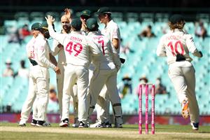 SYDNEY, AUSTRALIA - JANUARY 11: Nathan Lyon of Australia celebrates with his team after taking the wicket of Ajinkya Rahane of India during day five of the Third Test match in the series between Australia and India at Sydney Cricket Ground on January 11, 2021 in Sydney, Australia. (Photo by Mark Kolbe/Getty Images)