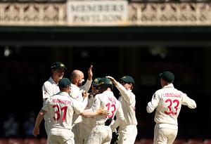 SYDNEY, AUSTRALIA - JANUARY 11: Nathan Lyon of Australia celebrates after taking the wicket of Ajinkya Rahane of India during day five of the 3rd Test match in the series between Australia and India at Sydney Cricket Ground on January 11, 2021 in Sydney, Australia. (Photo by Ryan Pierse/Getty Images)