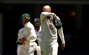 SYDNEY, AUSTRALIA - JANUARY 11: Nathan Lyon of Australia reacts after bowling an over during day five of the 3rd Test match in the series between Australia and India at Sydney Cricket Ground on January 11, 2021 in Sydney, Australia. (Photo by Ryan Pierse/Getty Images)