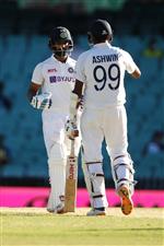 SYDNEY, AUSTRALIA - JANUARY 11: Hanuma Vihari and Ravichandran Ashwin of India celebrate during day five of the Third Test match in the series between Australia and India at Sydney Cricket Ground on January 11, 2021 in Sydney, Australia. (Photo by Mark Kolbe/Getty Images)