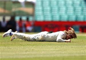 SYDNEY, AUSTRALIA - JANUARY 11: Will Pucovski of Australia dives for the ball and injuries his shoulder during day five of the 3rd Test match in the series between Australia and India at Sydney Cricket Ground on January 11, 2021 in Sydney, Australia. (Photo by Ryan Pierse/Getty Images)
