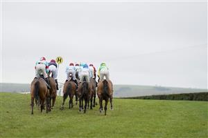 PLUMPTON, ENGLAND - JANUARY 13:A general view as runners make their way to the top of the track during The Tie The Knot Wedding Catering Novices' Hurdle at Plumpton Racecourse on January 13, 2021 in Plumpton, England. Due to the Coronavirus pandemic, owners along with the paying public will not be allowed to attend the meeting. (Photo by Alan Crowhurst/Getty Images)
