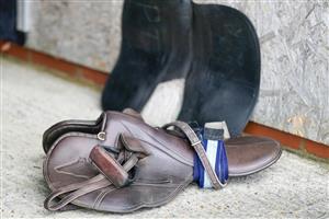 PLUMPTON, ENGLAND - JANUARY 13: A saddle in the saddling box at Plumpton Racecourse on January 13, 2021 in Plumpton, England. Due to the Coronavirus pandemic, owners along with the paying public will not be allowed to attend the meeting. (Photo by Alan Crowhurst/Getty Images)