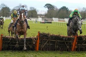 FONTWELL, ENGLAND - JANUARY 14: Aidan Coleman riding Allavina (L, blue) clear the last to win The Sky Sports Racing Sky 415 Mares' Novices' Hurdle at Fontwell Park Racecourse on January 14, 2021 in Fontwell, England. Due to the Coronavirus pandemic, owners along with the paying public will not be allowed to attend the meeting. (Photo by Alan Crowhurst/Getty Images)