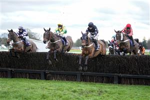 FONTWELL, ENGLAND - JANUARY 14: Conor Ring riding Ballybreen (C, black) lead all the way to win The attheraces.com Handicap Chase at Fontwell Park Racecourse on January 14, 2021 in Fontwell, England. Due to the Coronavirus pandemic, owners along with the paying public will not be allowed to attend the meeting. (Photo by Alan Crowhurst/Getty Images)