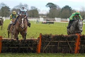 FONTWELL, ENGLAND - JANUARY 14: Aidan Coleman riding Allavina (L, blue) clear the last to win The Sky Sports Racing Sky 415 Mares' Novices' Hurdle at Fontwell Park Racecourse on January 14, 2021 in Fontwell, England. Due to the Coronavirus pandemic, owners along with the paying public will not be allowed to attend the meeting. (Photo by Alan Crowhurst/Getty Images)
