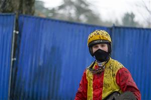 FONTWELL, ENGLAND - JANUARY 14: Harry Cobden returns to the weighing room at Fontwell Park Racecourse on January 14, 2021 in Fontwell, England. Due to the Coronavirus pandemic, owners along with the paying public will not be allowed to attend the meeting. (Photo by Alan Crowhurst/Getty Images)