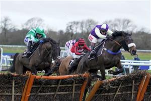 WARWICK, ENGLAND - JANUARY 16: Richard Johnson riding Adrimel (R) clear the last to win The Ballymore Leamington Novices' Hurdle at Warwick Racecourse on January 16, 2021 in Warwick, England. Due to the Coronavirus pandemic, owners along with the paying public will not be allowed to attend the meeting. (Photo by Alan Crowhurst/Getty Images)