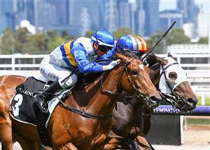 MELBOURNE, AUSTRALIA - JANUARY 16: Jamie Kah riding Liqueuro wins Race 4, the Lexus Summer Event Trophy, during Melbourne Racing at Flemington Racecourse on January 16, 2021 in Melbourne, Australia. (Photo by Vince Caligiuri/Getty Images)