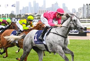 MELBOURNE, AUSTRALIA - JANUARY 16: Jordan Childs riding Fabergino wins Race 7, the Kensington Stakes, during Melbourne Racing at Flemington Racecourse on January 16, 2021 in Melbourne, Australia. (Photo by Vince Caligiuri/Getty Images)