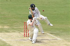 BRISBANE, AUSTRALIA - JANUARY 18: Steve Smith of Australia bats during day four of the 4th Test Match in the series between Australia and India at The Gabba on January 18, 2021 in Brisbane, Australia. (Photo by Matt Roberts/Getty Images)