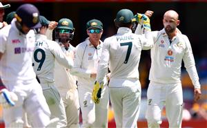 BRISBANE, AUSTRALIA - JANUARY 19: Nathan Lyon of Australia celebrates the wicket of Shubman Gill of India during day five of the 4th Test Match in the series between Australia and India at The Gabba on January 19, 2021 in Brisbane, Australia. (Getty)