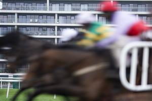 NEWBURY, ENGLAND - JANUARY 20: A general view as runners clear the fence in front of the apartments at Newbury Racecourse on January 20, 2021 in Newbury, England. Due to the Coronavirus pandemic, owners along with the paying public will not be allowed to attend the meeting. (Photo by Alan Crowhurst/Getty Images)