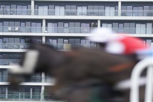 NEWBURY, ENGLAND - JANUARY 20: A general view as runners clear the fence in front of the apartments at Newbury Racecourse on January 20, 2021 in Newbury, England. Due to the Coronavirus pandemic, owners along with the paying public will not be allowed to attend the meeting. (Photo by Alan Crowhurst/Getty Images)