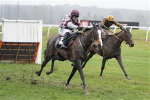 NEWBURY, ENGLAND - JANUARY 20: Richard Johnson riding Little River Bay (R) clear the last to win The British EBF Mares' 'National Hunt' Novices' Hurdle at Newbury Racecourse on January 20, 2021 in Newbury, England. Due to the Coronavirus pandemic, owners along with the paying public will not be allowed to attend the meeting. (Photo by Alan Crowhurst/Getty Images)