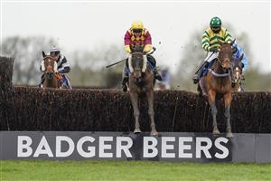 WINCANTON, ENGLAND - JANUARY 21: David Noonan riding Favori de Sivola (L, yellow, maroon) clear the last to win The Use The racingtv.com Tracker Handicap Chase at Wincanton Racecourse on January 21, 2021 in Wincanton, England. Due to the Coronavirus pandemic, owners along with the paying public will not be allowed to attend the meeting. (Photo by Alan Crowhurst/Getty Images)